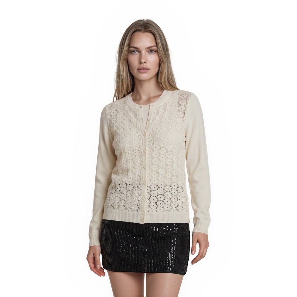Charter Club Cardigan Women's Size Medium Cream Lace Doily Button Sweater Top